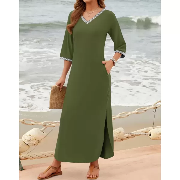 imageZESICA Womens Dresses 2024 Causal 34 Sleeve V Neck Loose Fit Split Beach Long Maxi Dress with PocketsArmygreen