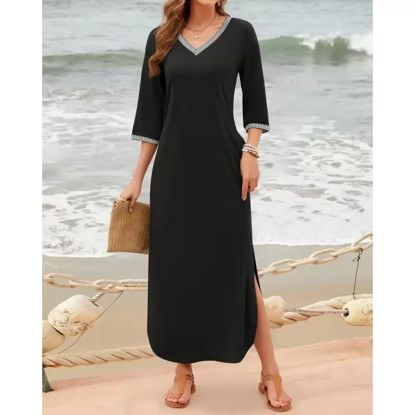 imageZESICA Womens Dresses 2024 Causal 34 Sleeve V Neck Loose Fit Split Beach Long Maxi Dress with PocketsBlack