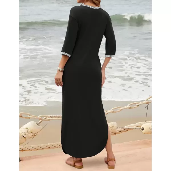 imageZESICA Womens Dresses 2024 Causal 34 Sleeve V Neck Loose Fit Split Beach Long Maxi Dress with PocketsBlack