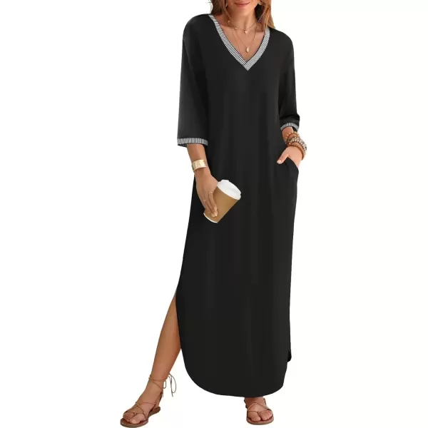 imageZESICA Womens Dresses 2024 Causal 34 Sleeve V Neck Loose Fit Split Beach Long Maxi Dress with PocketsBlack