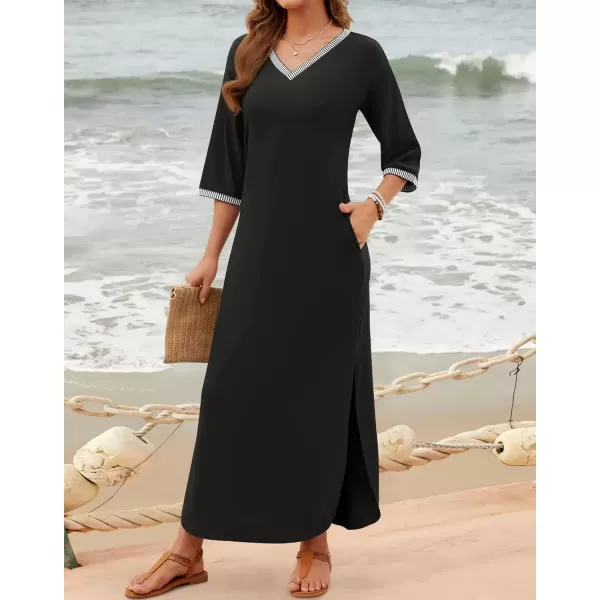 imageZESICA Womens Dresses 2024 Causal 34 Sleeve V Neck Loose Fit Split Beach Long Maxi Dress with PocketsBlack