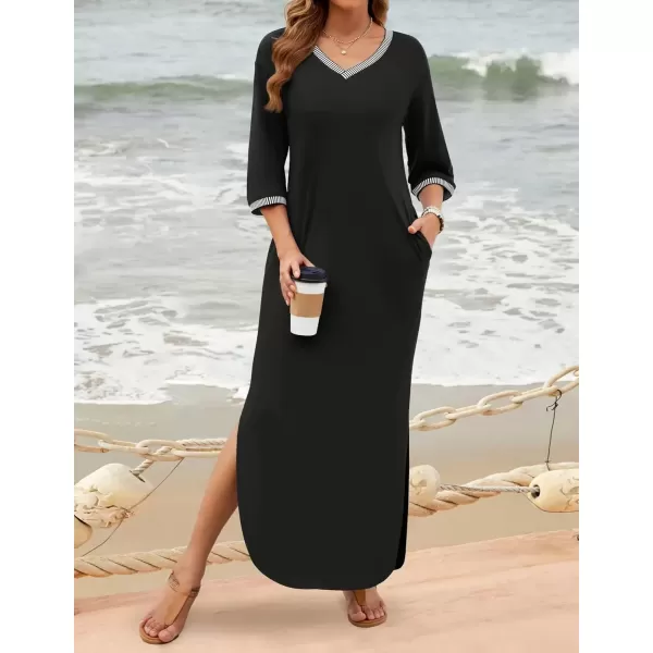 imageZESICA Womens Dresses 2024 Causal 34 Sleeve V Neck Loose Fit Split Beach Long Maxi Dress with PocketsBlack