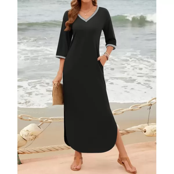 imageZESICA Womens Dresses 2024 Causal 34 Sleeve V Neck Loose Fit Split Beach Long Maxi Dress with PocketsBlack
