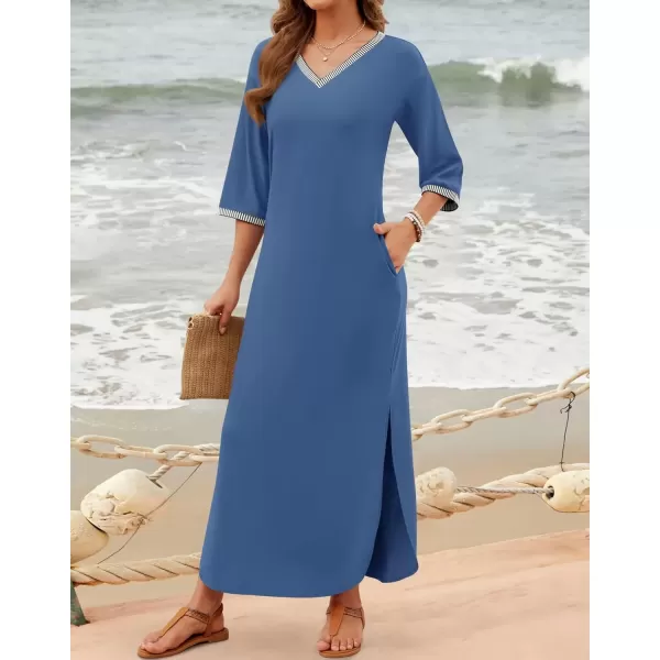 imageZESICA Womens Dresses 2024 Causal 34 Sleeve V Neck Loose Fit Split Beach Long Maxi Dress with PocketsDustyblue