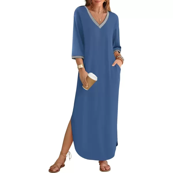 imageZESICA Womens Dresses 2024 Causal 34 Sleeve V Neck Loose Fit Split Beach Long Maxi Dress with PocketsDustyblue