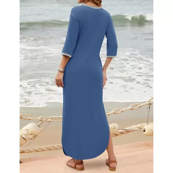 imageZESICA Womens Dresses 2024 Causal 34 Sleeve V Neck Loose Fit Split Beach Long Maxi Dress with PocketsDustyblue