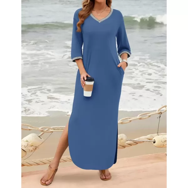 imageZESICA Womens Dresses 2024 Causal 34 Sleeve V Neck Loose Fit Split Beach Long Maxi Dress with PocketsDustyblue