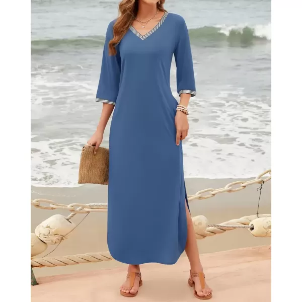 imageZESICA Womens Dresses 2024 Causal 34 Sleeve V Neck Loose Fit Split Beach Long Maxi Dress with PocketsDustyblue