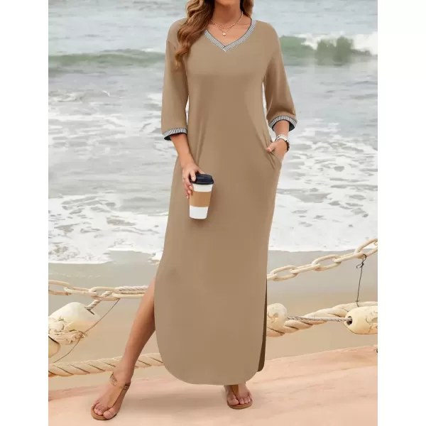 imageZESICA Womens Dresses 2024 Causal 34 Sleeve V Neck Loose Fit Split Beach Long Maxi Dress with PocketsKhaki