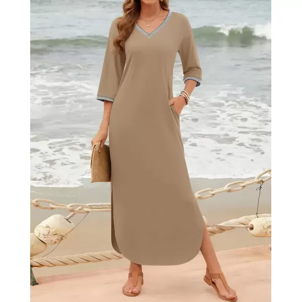 imageZESICA Womens Dresses 2024 Causal 34 Sleeve V Neck Loose Fit Split Beach Long Maxi Dress with PocketsKhaki