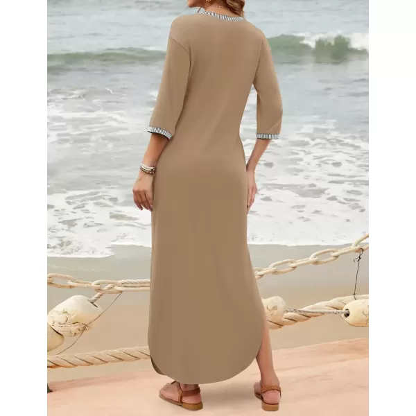 imageZESICA Womens Dresses 2024 Causal 34 Sleeve V Neck Loose Fit Split Beach Long Maxi Dress with PocketsKhaki