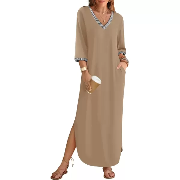 imageZESICA Womens Dresses 2024 Causal 34 Sleeve V Neck Loose Fit Split Beach Long Maxi Dress with PocketsKhaki