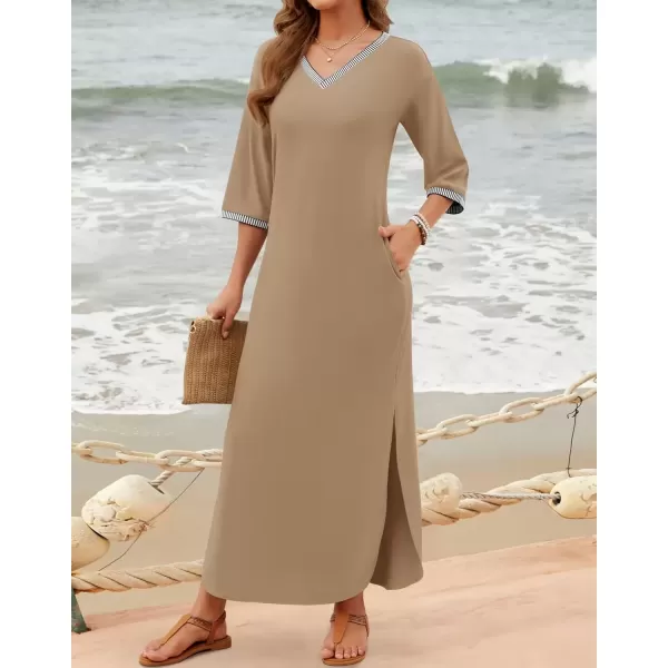 imageZESICA Womens Dresses 2024 Causal 34 Sleeve V Neck Loose Fit Split Beach Long Maxi Dress with PocketsKhaki