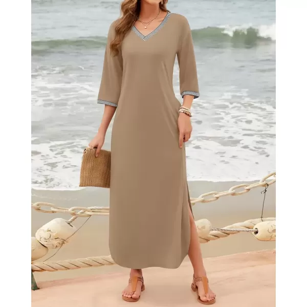 imageZESICA Womens Dresses 2024 Causal 34 Sleeve V Neck Loose Fit Split Beach Long Maxi Dress with PocketsKhaki
