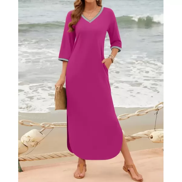imageZESICA Womens Dresses 2024 Causal 34 Sleeve V Neck Loose Fit Split Beach Long Maxi Dress with PocketsMagenta