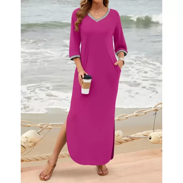 imageZESICA Womens Dresses 2024 Causal 34 Sleeve V Neck Loose Fit Split Beach Long Maxi Dress with PocketsMagenta