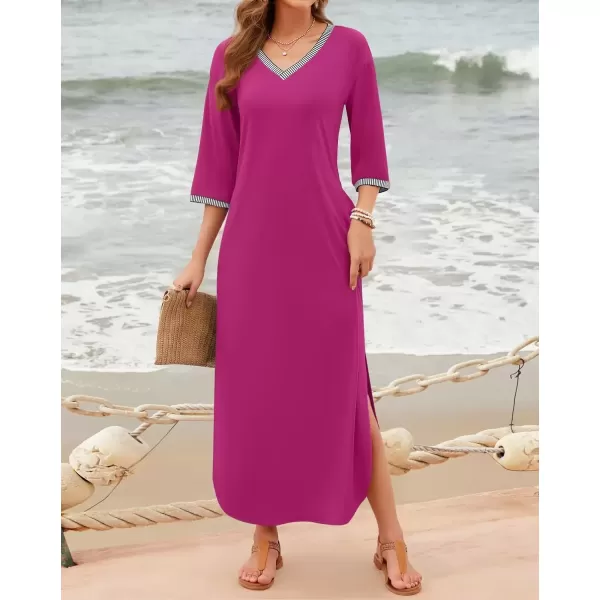imageZESICA Womens Dresses 2024 Causal 34 Sleeve V Neck Loose Fit Split Beach Long Maxi Dress with PocketsMagenta