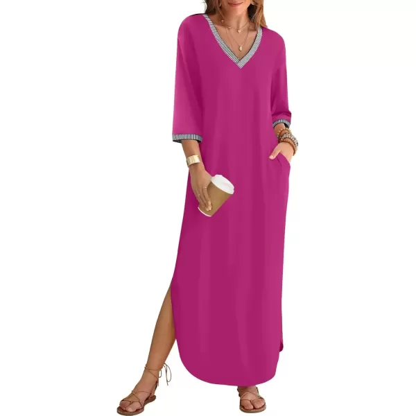 imageZESICA Womens Dresses 2024 Causal 34 Sleeve V Neck Loose Fit Split Beach Long Maxi Dress with PocketsMagenta