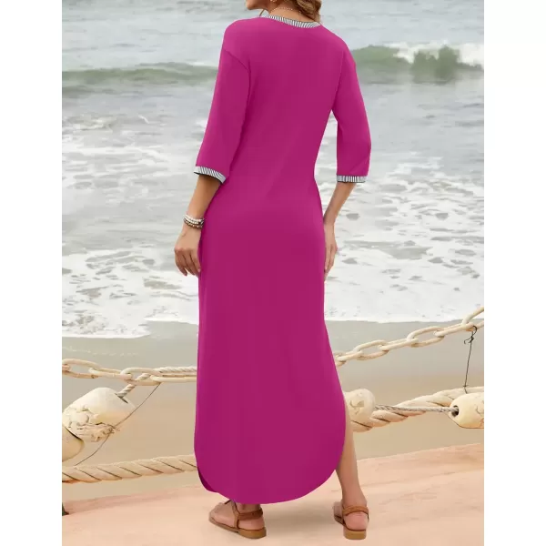 imageZESICA Womens Dresses 2024 Causal 34 Sleeve V Neck Loose Fit Split Beach Long Maxi Dress with PocketsMagenta