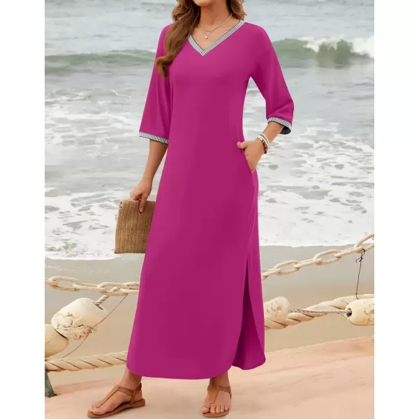 imageZESICA Womens Dresses 2024 Causal 34 Sleeve V Neck Loose Fit Split Beach Long Maxi Dress with PocketsMagenta