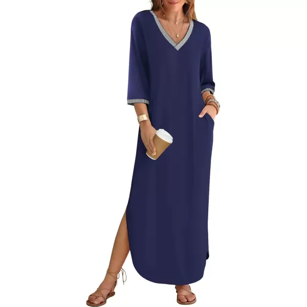 imageZESICA Womens Dresses 2024 Causal 34 Sleeve V Neck Loose Fit Split Beach Long Maxi Dress with PocketsNavy
