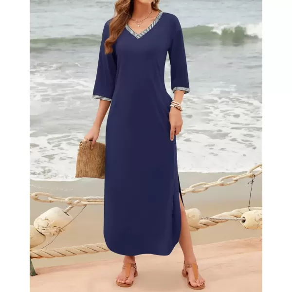 imageZESICA Womens Dresses 2024 Causal 34 Sleeve V Neck Loose Fit Split Beach Long Maxi Dress with PocketsNavy