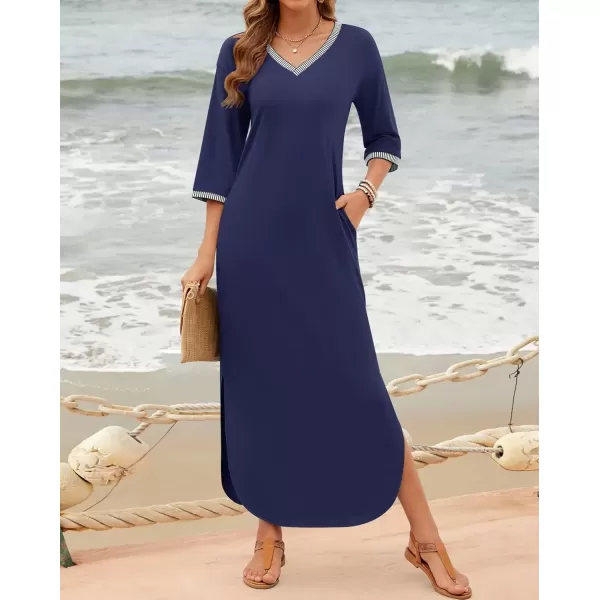 imageZESICA Womens Dresses 2024 Causal 34 Sleeve V Neck Loose Fit Split Beach Long Maxi Dress with PocketsNavy
