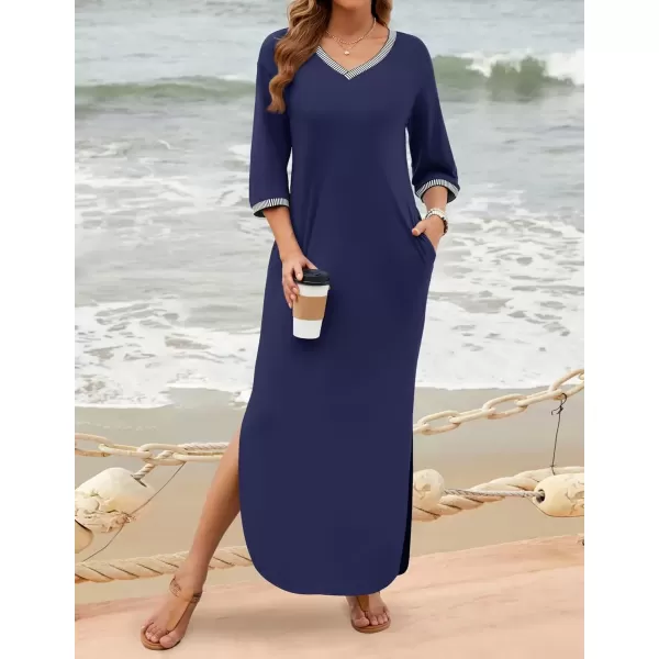 imageZESICA Womens Dresses 2024 Causal 34 Sleeve V Neck Loose Fit Split Beach Long Maxi Dress with PocketsNavy