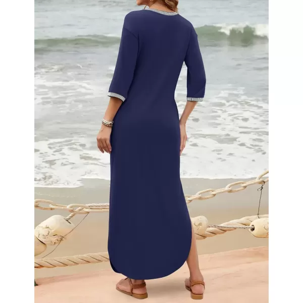 imageZESICA Womens Dresses 2024 Causal 34 Sleeve V Neck Loose Fit Split Beach Long Maxi Dress with PocketsNavy