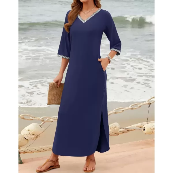 imageZESICA Womens Dresses 2024 Causal 34 Sleeve V Neck Loose Fit Split Beach Long Maxi Dress with PocketsNavy