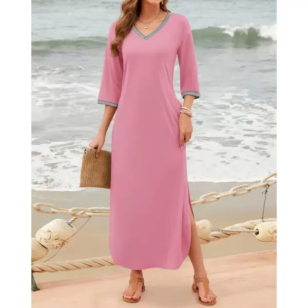 imageZESICA Womens Dresses 2024 Causal 34 Sleeve V Neck Loose Fit Split Beach Long Maxi Dress with PocketsPink