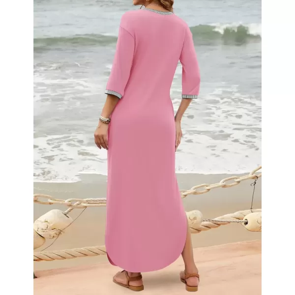 imageZESICA Womens Dresses 2024 Causal 34 Sleeve V Neck Loose Fit Split Beach Long Maxi Dress with PocketsPink