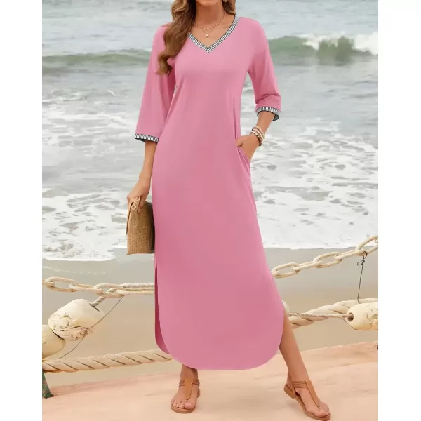 imageZESICA Womens Dresses 2024 Causal 34 Sleeve V Neck Loose Fit Split Beach Long Maxi Dress with PocketsPink