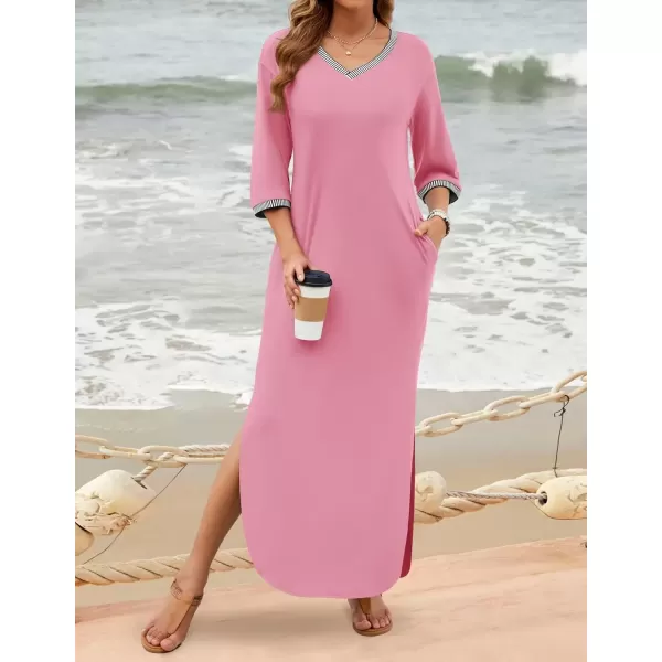 imageZESICA Womens Dresses 2024 Causal 34 Sleeve V Neck Loose Fit Split Beach Long Maxi Dress with PocketsPink