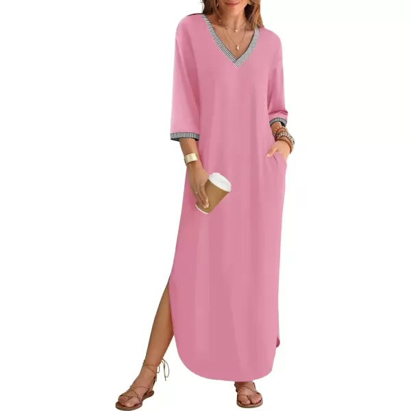 imageZESICA Womens Dresses 2024 Causal 34 Sleeve V Neck Loose Fit Split Beach Long Maxi Dress with PocketsPink