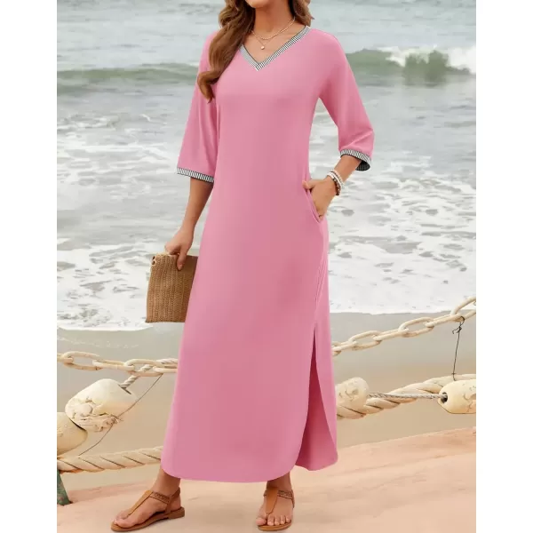 imageZESICA Womens Dresses 2024 Causal 34 Sleeve V Neck Loose Fit Split Beach Long Maxi Dress with PocketsPink