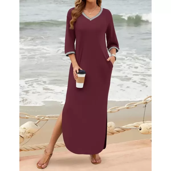imageZESICA Womens Dresses 2024 Causal 34 Sleeve V Neck Loose Fit Split Beach Long Maxi Dress with PocketsPlum