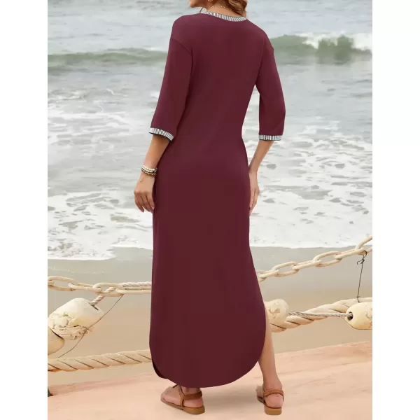 imageZESICA Womens Dresses 2024 Causal 34 Sleeve V Neck Loose Fit Split Beach Long Maxi Dress with PocketsPlum