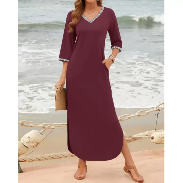 imageZESICA Womens Dresses 2024 Causal 34 Sleeve V Neck Loose Fit Split Beach Long Maxi Dress with PocketsPlum