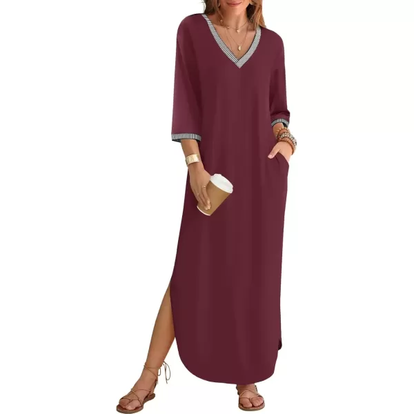 imageZESICA Womens Dresses 2024 Causal 34 Sleeve V Neck Loose Fit Split Beach Long Maxi Dress with PocketsPlum
