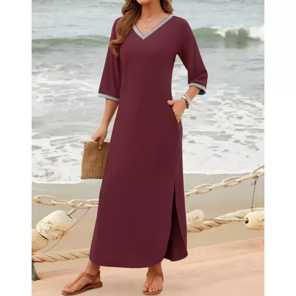 imageZESICA Womens Dresses 2024 Causal 34 Sleeve V Neck Loose Fit Split Beach Long Maxi Dress with PocketsPlum