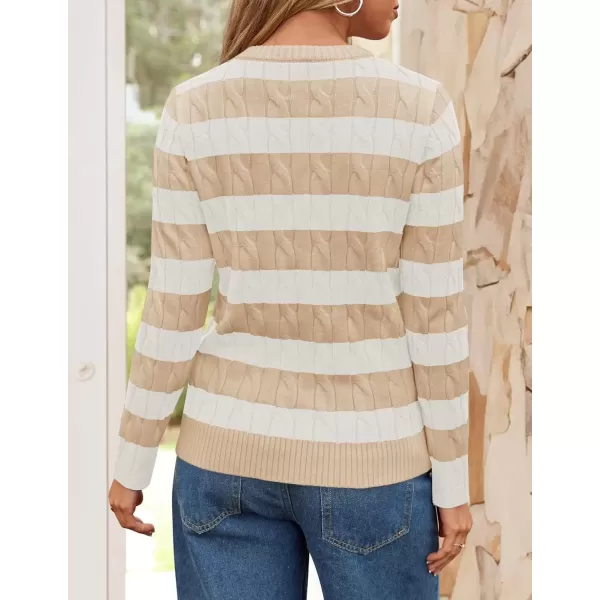 imageZESICA Womens Sweaters Fall Winter Casual Striped Long Sleeve Crew Neck Cable Knit Loose Chunky Pullover SweaterApricot