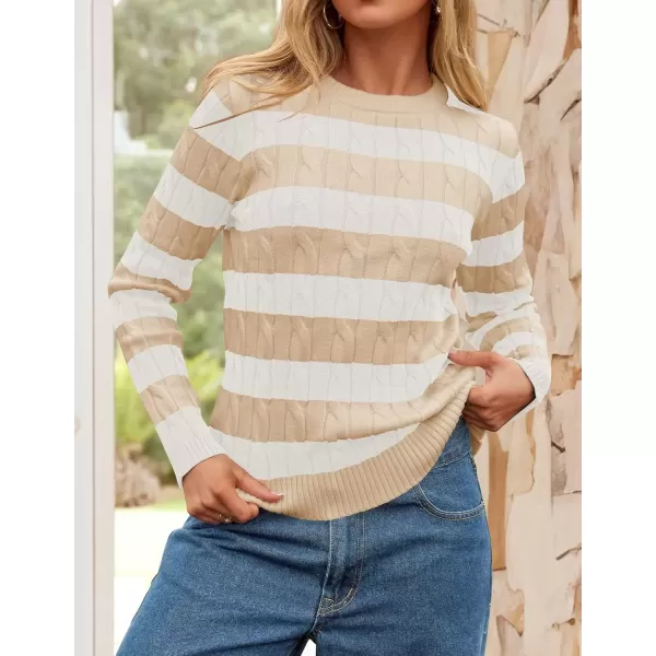 imageZESICA Womens Sweaters Fall Winter Casual Striped Long Sleeve Crew Neck Cable Knit Loose Chunky Pullover SweaterApricot