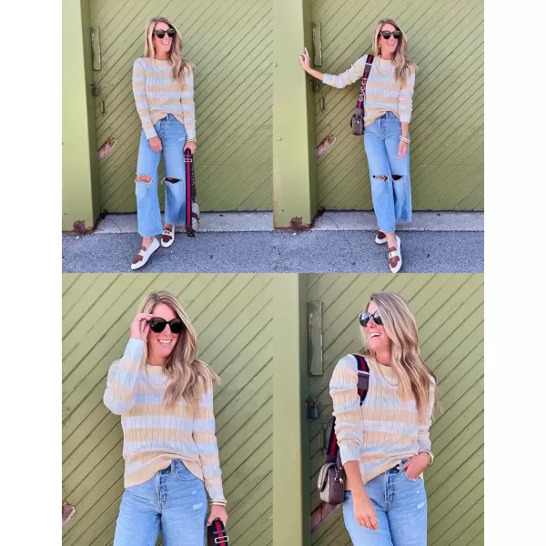 imageZESICA Womens Sweaters Fall Winter Casual Striped Long Sleeve Crew Neck Cable Knit Loose Chunky Pullover SweaterApricot