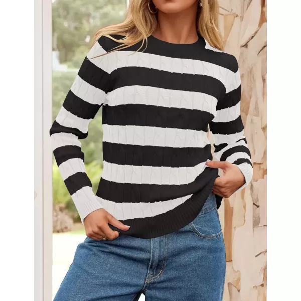 imageZESICA Womens Sweaters Fall Winter Casual Striped Long Sleeve Crew Neck Cable Knit Loose Chunky Pullover SweaterBlack