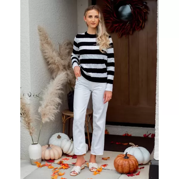 imageZESICA Womens Sweaters Fall Winter Casual Striped Long Sleeve Crew Neck Cable Knit Loose Chunky Pullover SweaterBlack