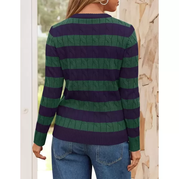 imageZESICA Womens Sweaters Fall Winter Casual Striped Long Sleeve Crew Neck Cable Knit Loose Chunky Pullover SweaterDark Green