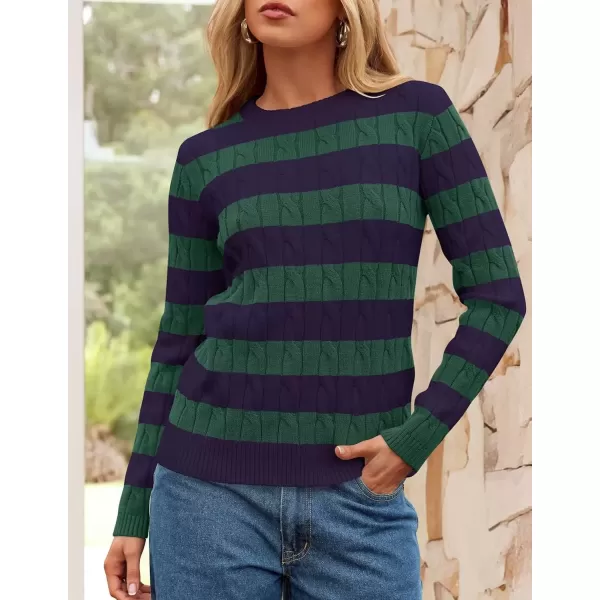 imageZESICA Womens Sweaters Fall Winter Casual Striped Long Sleeve Crew Neck Cable Knit Loose Chunky Pullover SweaterDark Green
