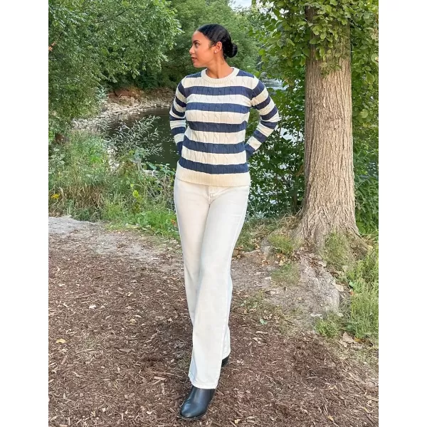 imageZESICA Womens Sweaters Fall Winter Casual Striped Long Sleeve Crew Neck Cable Knit Loose Chunky Pullover SweaterDusty Blue