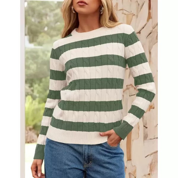 imageZESICA Womens Sweaters Fall Winter Casual Striped Long Sleeve Crew Neck Cable Knit Loose Chunky Pullover SweaterGreen